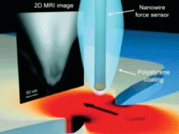Image: Illustration of the experimental setup shows the two unique components of a novel MRI technique that was successful in producing a 2D MRI image with nanoscale spatial resolution (Photo courtesy of the University of Illinois).
